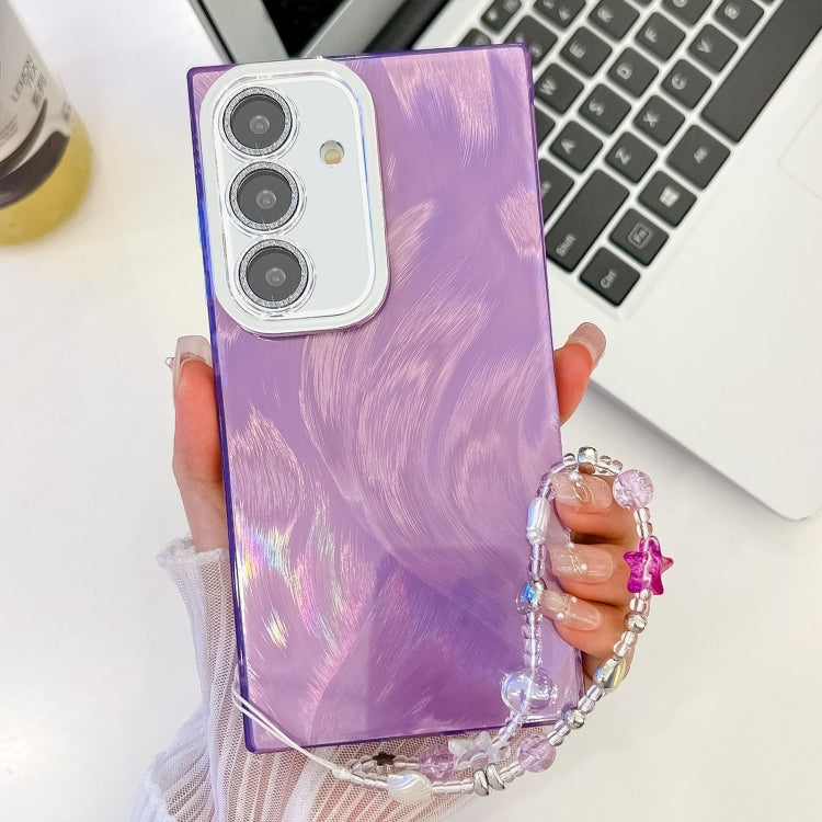 For Samsung Galaxy S25+ 5G Plating Glitter Texture Chain Wristband TPU Phone Case with Lens Film(Purple Feather Yarn) - Galaxy S25+ 5G Cases by buy2fix | Online Shopping UK | buy2fix