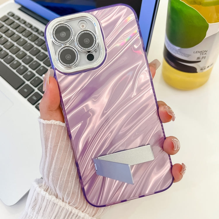 For iPhone 16 Pro Max Plating Glitter Texture Fold Holder TPU Phone Case with Lens Film(Purple Feathers) - iPhone 16 Pro Max Cases by buy2fix | Online Shopping UK | buy2fix