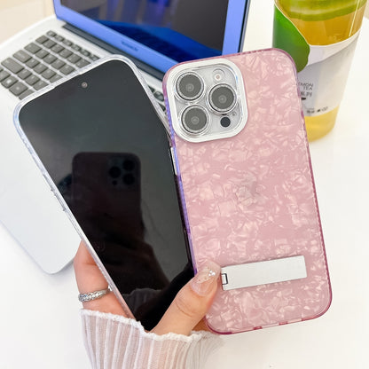 For iPhone 16 Pro Plating Glitter Texture Fold Holder TPU Phone Case with Lens Film(Pink Feather Yarn) - iPhone 16 Pro Cases by buy2fix | Online Shopping UK | buy2fix