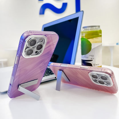 For iPhone 16 Plus Plating Glitter Texture Fold Holder TPU Phone Case with Lens Film(Purple Shell Pattern) - iPhone 16 Plus Cases by buy2fix | Online Shopping UK | buy2fix