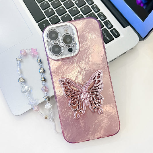 For iPhone 16 Pro Plating Glitter Lens Film Texture Butterfly Holder Wristband Phone Case(Pink Tinfoil Texture) - iPhone 16 Pro Cases by buy2fix | Online Shopping UK | buy2fix