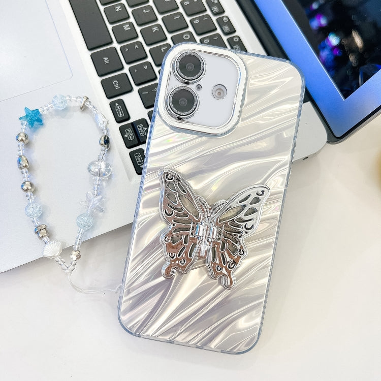 For iPhone 16 Plating Glitter Lens Film Texture Butterfly Holder Wristband Phone Case(White Water Ripples) - iPhone 16 Cases by buy2fix | Online Shopping UK | buy2fix