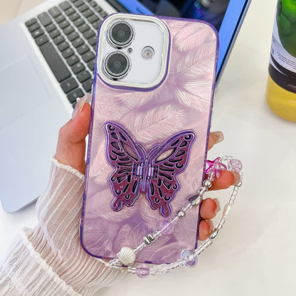 For iPhone 16 Plating Glitter Lens Film Texture Butterfly Holder Wristband Phone Case(Purple Feathers) - iPhone 16 Cases by buy2fix | Online Shopping UK | buy2fix