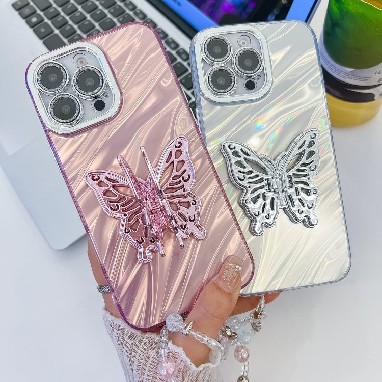 For iPhone 16 Plus Plating Glitter Lens Film Texture Butterfly Holder Wristband Phone Case(Pink Feather Yarn) - iPhone 16 Plus Cases by buy2fix | Online Shopping UK | buy2fix