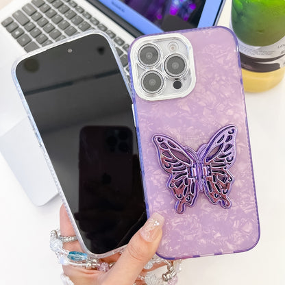 For iPhone 16 Pro Plating Glitter Lens Film Texture Butterfly Holder Wristband Phone Case(Purple Tinfoil Texture) - iPhone 16 Pro Cases by buy2fix | Online Shopping UK | buy2fix