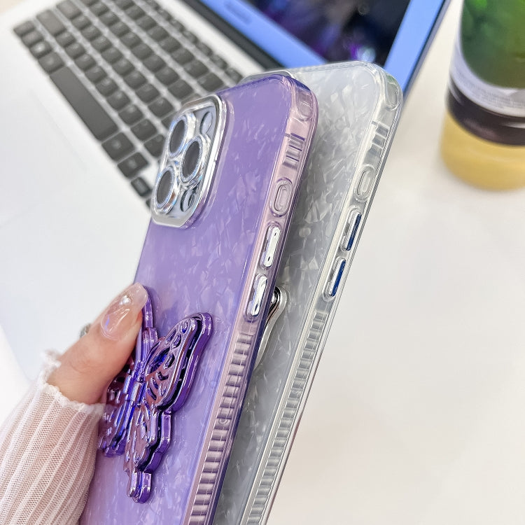 For iPhone 16 Pro Plating Glitter Lens Film Texture Butterfly Holder Wristband Phone Case(Purple Wrinkles) - iPhone 16 Pro Cases by buy2fix | Online Shopping UK | buy2fix