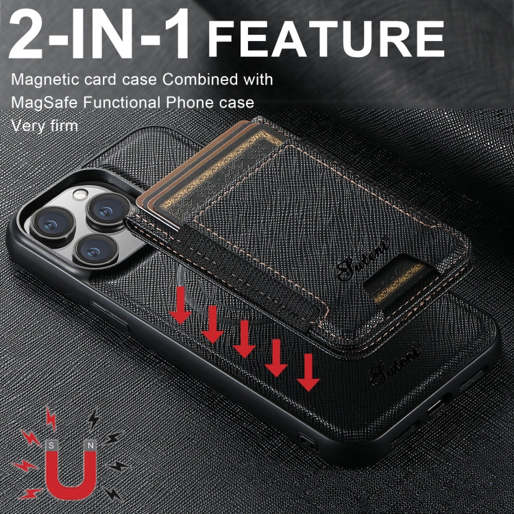 For iPhone 12 Pro Suteni H17 Cross Grain Leather MagSafe Detachable Wallet Phone Case(Black) - iPhone 12 / 12 Pro Cases by Suteni | Online Shopping UK | buy2fix