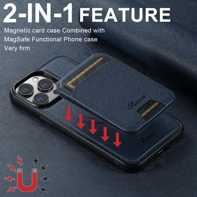 For iPhone 16 Pro Suteni H18 Cross Grain MagSafe Wallet Leather Phone Case(Blue) - iPhone 16 Pro Cases by Suteni | Online Shopping UK | buy2fix