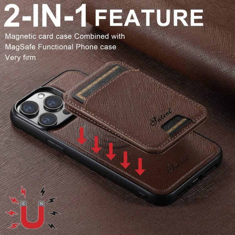 For iPhone 14 Suteni H18 Cross Grain MagSafe Wallet Leather Phone Case(Brown) - iPhone 14 Cases by Suteni | Online Shopping UK | buy2fix