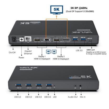 WAVLINK UG69PD6 Dual 4K Laptop Docking Station 5K HD Displaylink 65 / 100W PD Charging, Plug:US Plug -  by WAVLINK | Online Shopping UK | buy2fix