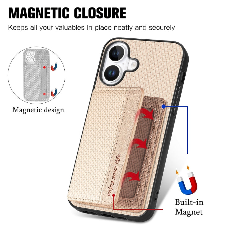 For iPhone 16 Carbon Fiber Magnetic Card Wallet RFID Blocking Phone Case(Khaki) - iPhone 16 Cases by buy2fix | Online Shopping UK | buy2fix