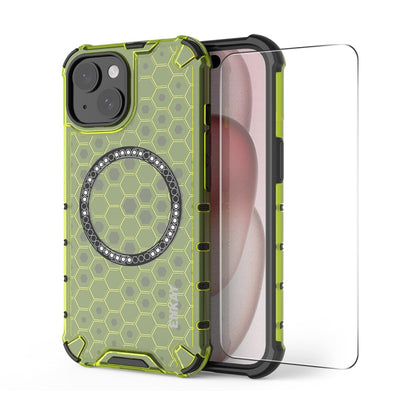 For iPhone 14 Plus ENKAY Hat-Prince Honeycomb MagSafe Shockproof Phone Case with Large Arc Edge Film(Green) - iPhone 14 Plus Cases by ENKAY | Online Shopping UK | buy2fix