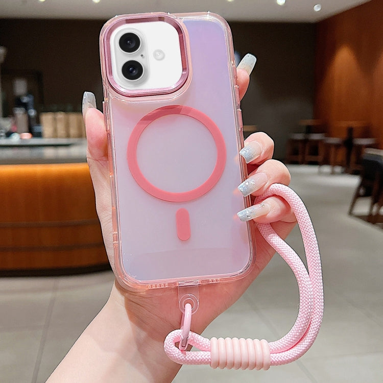 For iPhone 16 Plus Bright Shadow  Magsafe Discoloration Phone Case with Wrist Strap(Pink) - iPhone 16 Plus Cases by buy2fix | Online Shopping UK | buy2fix