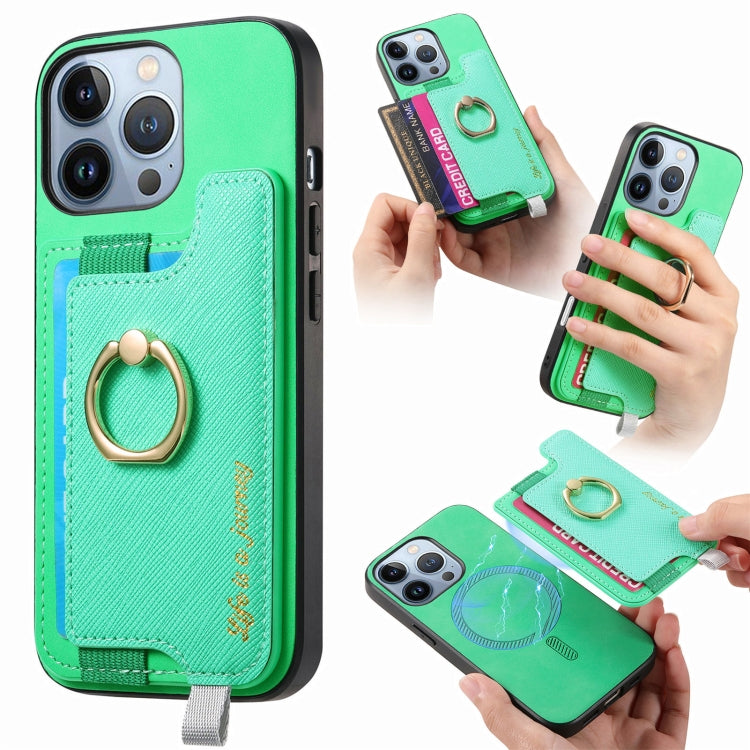 For iPhone 16 Pro Retro Magsafe Cross Leather Ring Holder Card Bag Phone Case(Green) - iPhone 16 Pro Cases by buy2fix | Online Shopping UK | buy2fix