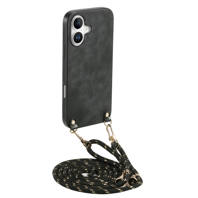 For iPhone 16 Plus Vintage Leather PC Back Cover Phone Case with Crossbody Strap(Black) - iPhone 16 Plus Cases by buy2fix | Online Shopping UK | buy2fix