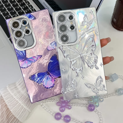 For Samsung Galaxy S25 5G Plating Texture Butterfly Wristband TPU Phone Case with Glitter Lens Film(Silver Butterflies HU6) - Galaxy S25 5G Cases by buy2fix | Online Shopping UK | buy2fix