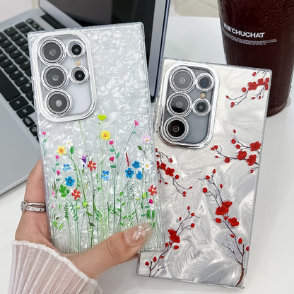 For Samsung Galaxy S25 5G Electroplating Flower Texture TPU Phone Case(Red Plum Blossom SH2) - Galaxy S25 5G Cases by buy2fix | Online Shopping UK | buy2fix