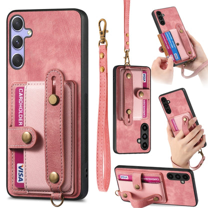 For Samsung Galaxy S25+ 5G Retro Cross Wristband Wallet Leather Back Phone Case(Pink) - Galaxy S25+ 5G Cases by buy2fix | Online Shopping UK | buy2fix