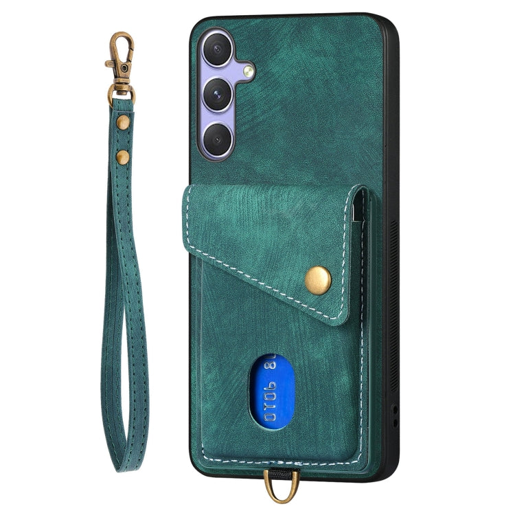 For Samsung Galaxy S25 5G Retro Card Wallet Fold Leather Phone Case with Strap(Green) - Galaxy S25 5G Cases by buy2fix | Online Shopping UK | buy2fix