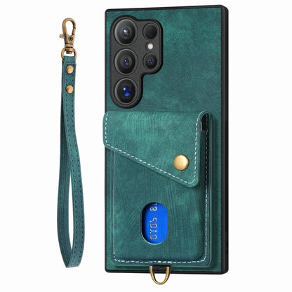 For Samsung Galaxy S25 Ultra 5G Retro Card Wallet Fold Leather Phone Case with Strap(Green) - Galaxy S25 Ultra 5G Cases by buy2fix | Online Shopping UK | buy2fix