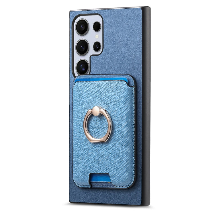 For Samsung Galaxy S25 Ultra 5G Retro Cross Leather Ring Vertical Insert Card Bag MagSafe Phone Case(Blue) - Galaxy S25 Ultra 5G Cases by buy2fix | Online Shopping UK | buy2fix