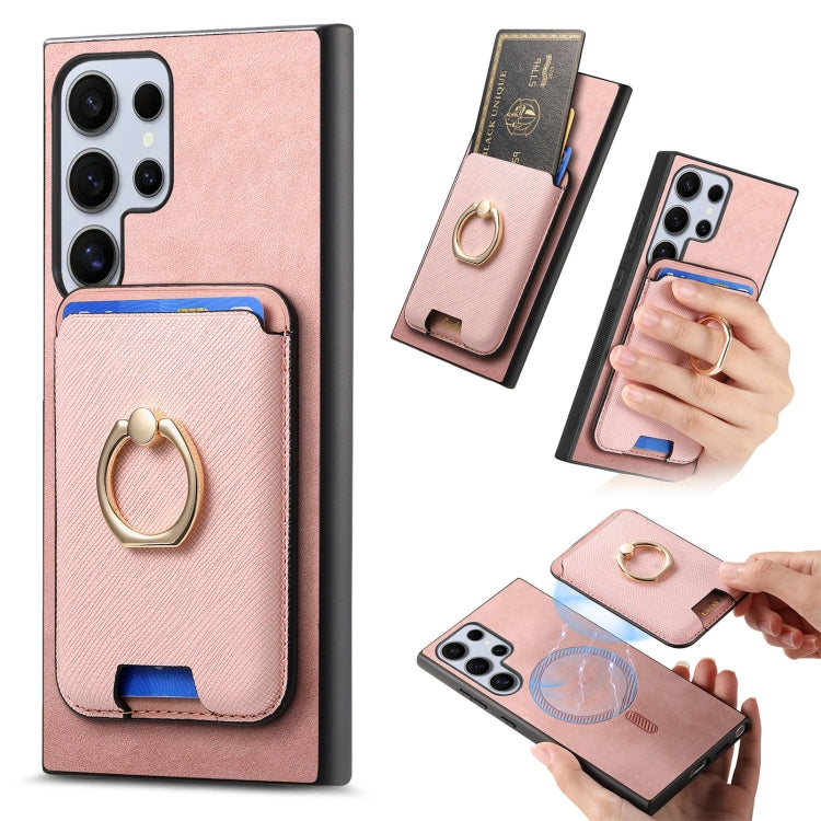 For Samsung Galaxy S25 Ultra 5G Retro Cross Leather Ring Vertical Insert Card Bag MagSafe Phone Case(Pink) - Galaxy S25 Ultra 5G Cases by buy2fix | Online Shopping UK | buy2fix