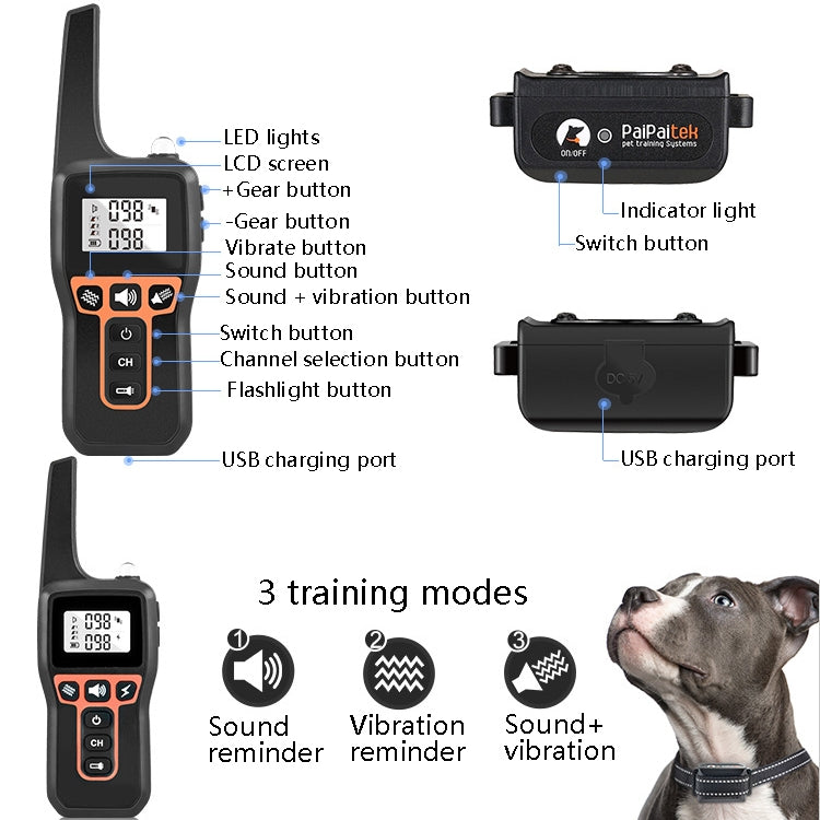 PaiPaitek PD529V-1 Training Dog Anti-Barking Device Vibration Collar 1000M Remote Control Distance Pet Training Supplies - Training Aids by PaiPaitek | Online Shopping UK | buy2fix