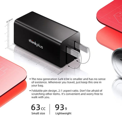 Lenovo Thinkplus GaN 65W PD3.0 QC3.0 Fast Charger Power Adapter For Notebook Mobile Phone，CN Plug(Red) - USB Charger by Lenovo | Online Shopping UK | buy2fix