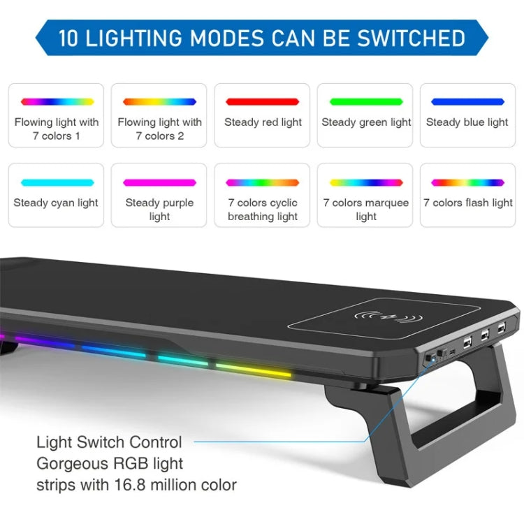 RGB Computer Monitor Stand Riser 3 USB 2.0 +1 Type-C Ports, Spec: Wireless Charging White - Laptop Stand by buy2fix | Online Shopping UK | buy2fix