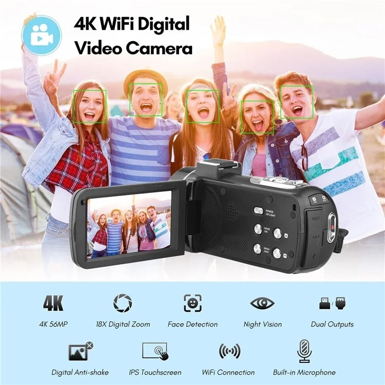 4K  Digital Video Camera 3 Inch IPS Touch Screen 56MP 18X Digital Zoom WiFi Camcorder, Spec: Set 2 - Video Cameras by buy2fix | Online Shopping UK | buy2fix