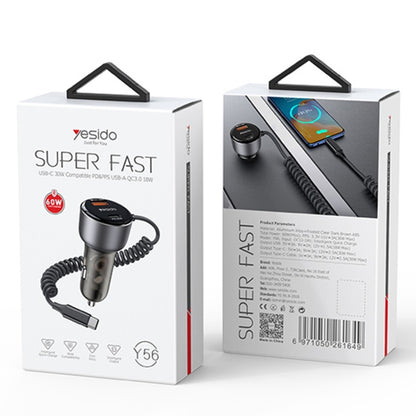 Yesido Y56 60W PD + QC3.0 Dual Port Car Charger with USB-C / Type-C Spring Data Cable - Car Charger by Yesido | Online Shopping UK | buy2fix