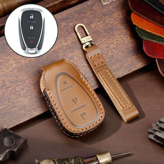 For Chevrolet 3-button Hallmo Car Cowhide Leather Key Protective Cover Key Case(Brown) - Car Key Cases by Hallmo | Online Shopping UK | buy2fix