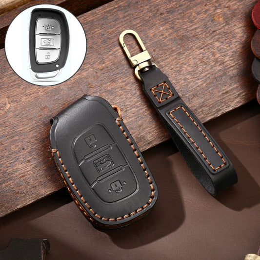 Hallmo Car Cowhide Leather Key Protective Cover Key Case for Hyundai IX35 A Style(Black) -  by Hallmo | Online Shopping UK | buy2fix