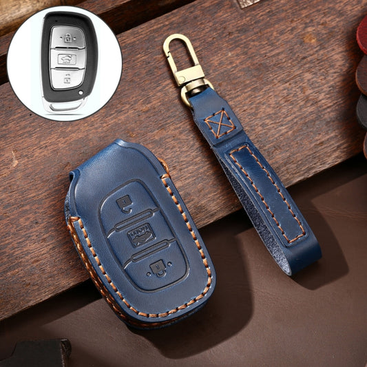 Hallmo Car Cowhide Leather Key Protective Cover Key Case for Hyundai IX35 A Style(Blue) -  by Hallmo | Online Shopping UK | buy2fix