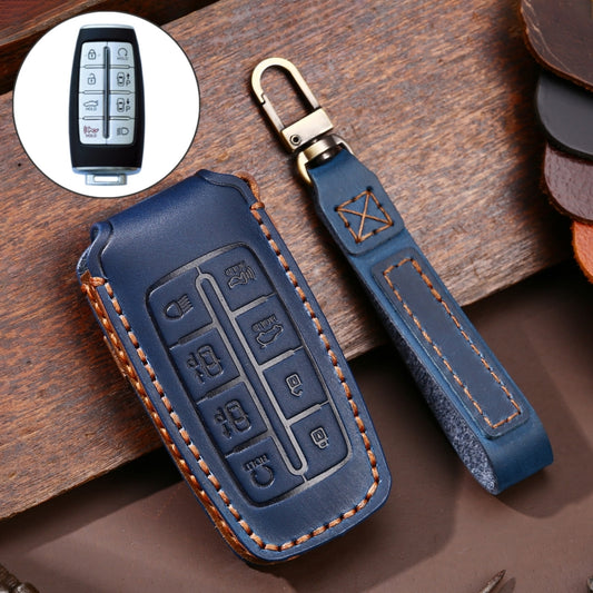 Hallmo Car Cowhide Leather Key Protective Cover Key Case for Hyundai Rohens Genesis 8-button(Blue) - In Car by Hallmo | Online Shopping UK | buy2fix