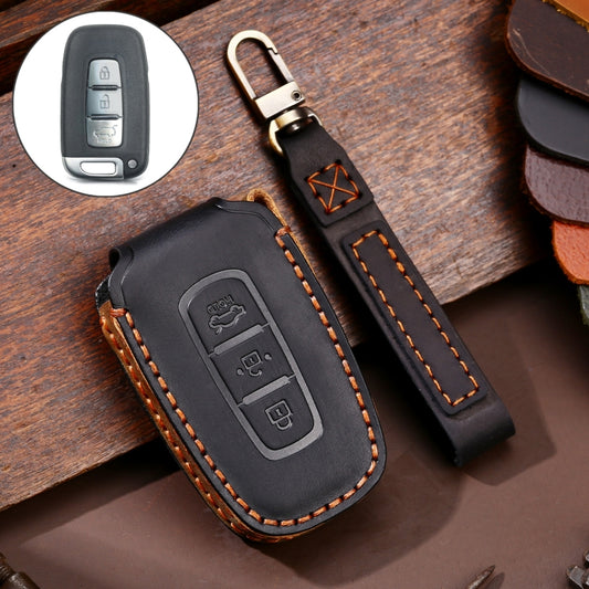 Hallmo Car Cowhide Leather Key Protective Cover Key Case for KIA K2 / K3 / K5 3-button(Black) - In Car by Hallmo | Online Shopping UK | buy2fix