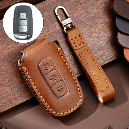 Hallmo Car Cowhide Leather Key Protective Cover Key Case for KIA K2 / K3 / K5 3-button(Brown) - In Car by Hallmo | Online Shopping UK | buy2fix