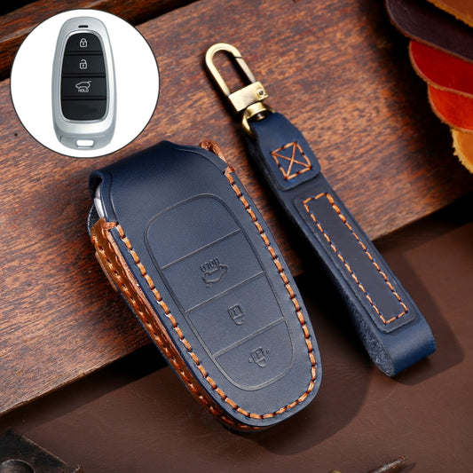 Hallmo Car Cowhide Leather Key Protective Cover Key Case for Hyundai 3-button(Blue) - In Car by Hallmo | Online Shopping UK | buy2fix