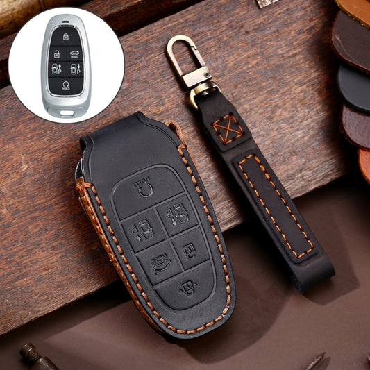 Hallmo Car Cowhide Leather Key Protective Cover Key Case for Hyundai 6-button(Black) - In Car by Hallmo | Online Shopping UK | buy2fix