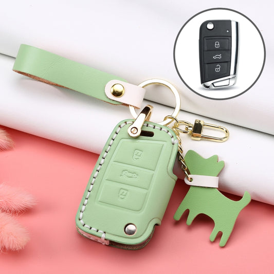 Hallmo Car Female Style Cowhide Leather Key Protective Cover for Volkswagen, B Type Folding (Grass Green) - In Car by buy2fix | Online Shopping UK | buy2fix