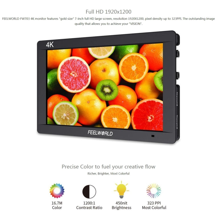 FEELWORLD FW703 1920x1200 7 inch IPS Screen HDMI 4K SDI Broadcast Camera Field Monitor - On-camera Monitors by FEELWORLD | Online Shopping UK | buy2fix