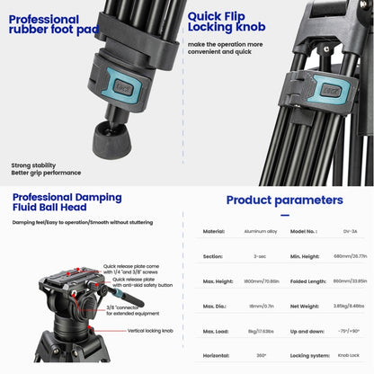 Fotopro DV-3A Heavy Duty Fluid Head Aluminum Alloy Video Tripod (Black) - Tripods by Fotopro | Online Shopping UK | buy2fix