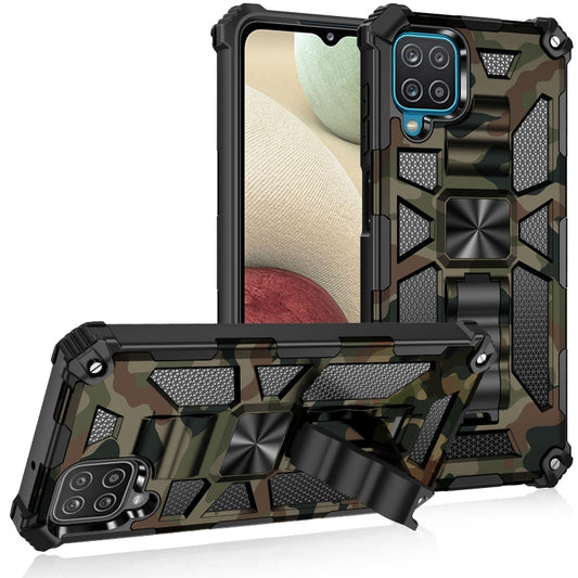 For Samsung Galaxy A12 Camouflage Armor Shockproof TPU + PC Magnetic Protective Case with Holder(Army Green) - Samsung Accessories by buy2fix | Online Shopping UK | buy2fix