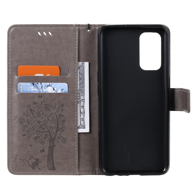 For OPPO Reno5 5G Tree & Cat Pattern Pressed Printing Horizontal Flip PU Leather Case with Holder & Card Slots & Wallet & Lanyard(Gray) - OPPO & vivo Accessories by buy2fix | Online Shopping UK | buy2fix