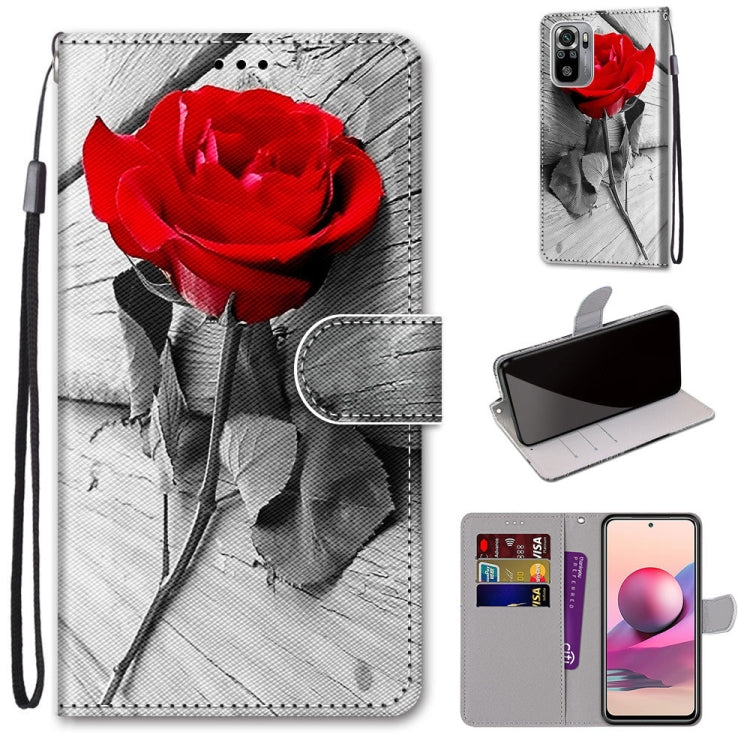 For Xiaomi Redmi Note 10 4G / Note 10S Coloured Drawing Cross Texture Horizontal Flip PU Leather Case with Holder & Card Slots & Wallet & Lanyard(Wood Red Rose) - Xiaomi Accessories by buy2fix | Online Shopping UK | buy2fix