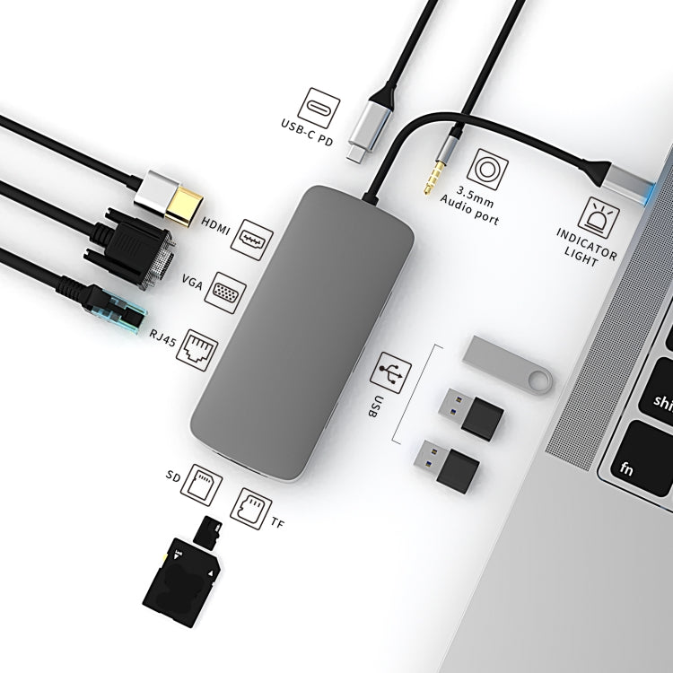 Basix BL10V 10 in 1 USB-C / Type-C to RJ45 + VGA + HDMI + 3.5mm AUX + SD / TF Card Slot + PD USB-C / Type-C + USB 3.0 + 2 USB 2.0 Ports Docking Station HUB - Computer & Networking by basix | Online Shopping UK | buy2fix