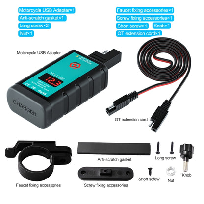 WUPP ZH-1422B2 DC12-24V Motorcycle Square Single USB + PD Fast Charging Charger with Switch + Voltmeter + Integrated SAE Socket + 1m SAE Socket Cable - In Car by WUPP | Online Shopping UK | buy2fix