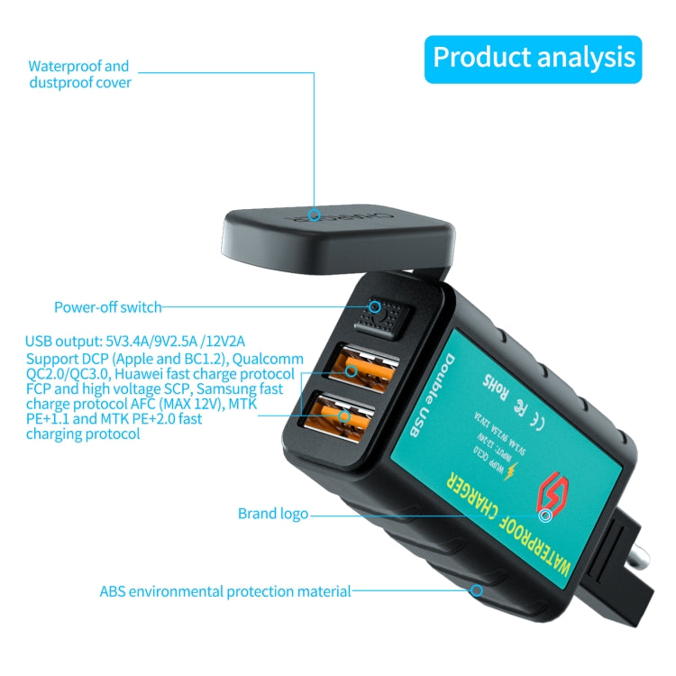 WUPP ZH-1422C1 Motorcycle Square Dual USB Fast Charging Charger with Switch + Integrated SAE Socket - Battery Charger by WUPP | Online Shopping UK | buy2fix