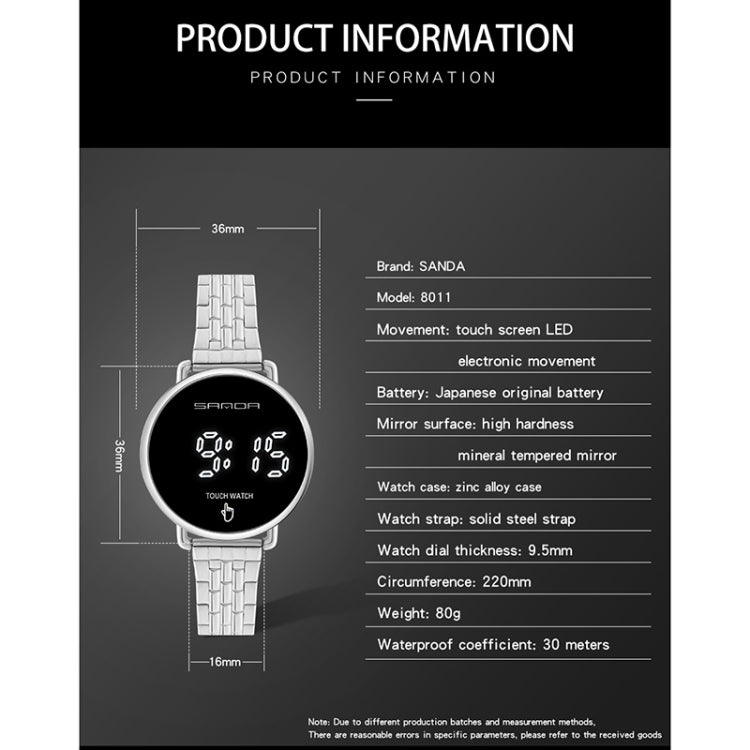 SANDA 8011 Touch Screen LED Digital Display Round Dial Electronic Watch for Men(Silver) - LED Digital Watches by SANDA | Online Shopping UK | buy2fix