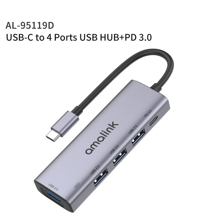 amalink 95119D Type-C / USB-C to 4 Ports USB + PD 3.0 Multi-function HUB Docking Station(Grey) - USB HUB by amalink | Online Shopping UK | buy2fix